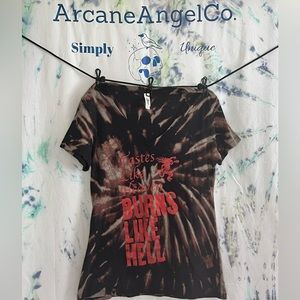 Burns like hell fireball T-shirt reverse tie dyed v neck in ladies large